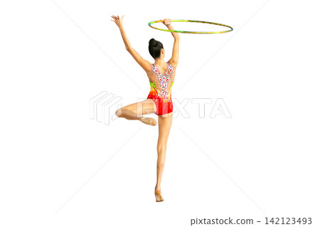 Back view gymnast with hoop on one leg Back view gymnast with hoop on one leg 142123493
