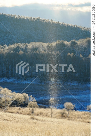 Diamond dust and sun pillars appearing on a silvery grassland against a backdrop of winter wetlands and frost-covered forests. Ver. 5 Diamond dust and sun pillars appearing on a silvery grassland against a backdrop of winter wetlands and frost-covered forests. Ver. 5 142123586