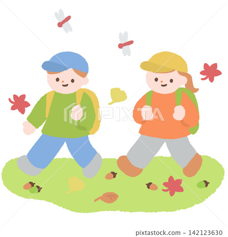 Illustration of children enjoying an autumn field trip Illustration of children enjoying an autumn field trip 142123630