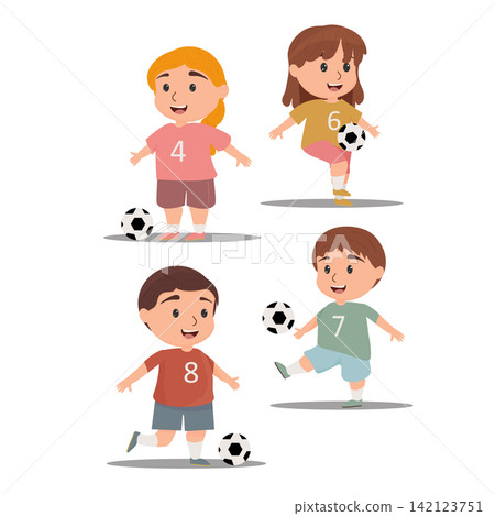 Vector set of cute cartoon little girls kicking football isolated on white background. Vector set of cute cartoon little girls kicking football isolated on white background. 142123751