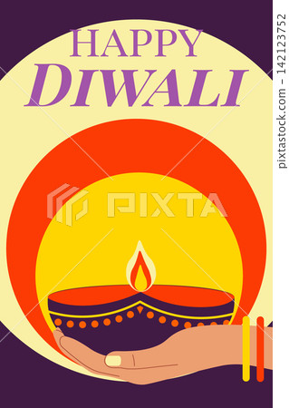 Happy Diwali. Hand holding Diwali oil lamp. Vector design Happy Diwali. Hand holding Diwali oil lamp. Vector design 142123752