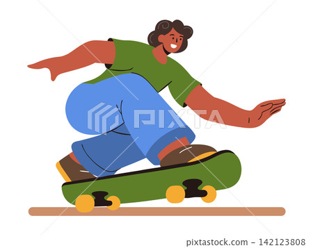 A vivid illustration of a smiling young man on a skateboard shows an active lifestyle, sports and extreme skating. Vector graphics A vivid illustration of a smiling young man on a skateboard shows an active lifestyle, sports and extreme skating. Vector graphics 142123808