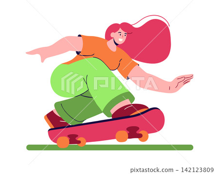Dynamic vector illustration of a young woman with flowing red hair skateboarding. She wears bright green pants and an orange shirt, exuding energy and confidence 142123809