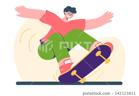 A boy performing a skateboard trick, dynamic motion, urban sport. Flat vector illustration with bright colors, minimalistic design, no shadows A boy performing a skateboard trick, dynamic motion, urban sport. Flat vector illustration with bright colors, minimalistic design, no shadows 142123811