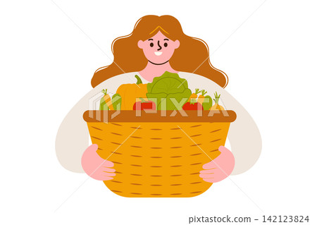 farmer holds a basket of vegetables in his hands. concept of gardening and farming, harvest, seeds. vector illustration 142123824