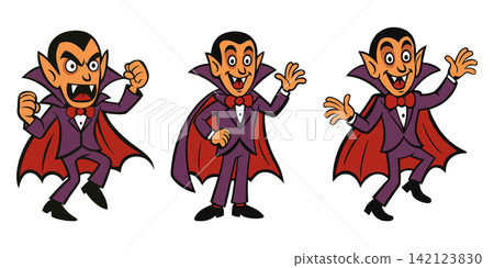 cute vampire character. Funny Dracula in different poses. Halloween vector illustration with fangs, cape and tuxedo. Spooky mascot design for holiday decoration and party cute vampire character. Funny Dracula in different poses. Halloween vector illustration with fangs, cape and tuxedo. Spooky mascot design for holiday decoration and party 142123830
