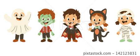 Cute kids in Halloween costumes. vector illustration. Trick or Treat Cute kids in Halloween costumes. vector illustration. Trick or Treat 142123831