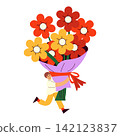 Happy man carrying huge bouquet of colorful flowers, flat vector illustration, cheerful character with big flower bouquet, romantic gift concept, celebration, love, holiday greeting design, delivery 142123837