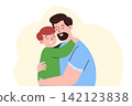 Flat vector illustration of a happy father hugging his smiling son. Warm family moment, Father's Day concept, love and support. characters isolated on soft background, parenting, care, bonding theme 142123838