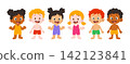 A group of cute kids in swimsuits, summer beach holidays. on an isolated background. vector illustration 142123841