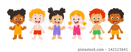 A group of cute kids in swimsuits, summer beach holidays. on an isolated background. vector illustration A group of cute kids in swimsuits, summer beach holidays. on an isolated background. vector illustration 142123841