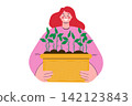 woman holds a box of seedlings in hands. spring. Vector illustration. gardening and farming 142123843