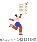 woman holding paper bulletin with checkmarks. Selecting choosing candidate. Flat vector illustration isolated background 142123845