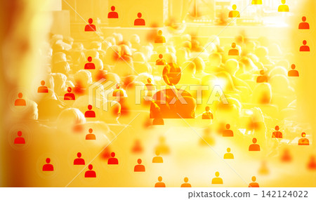 Crowd of people in an auditorium overlaid with glowing digital user profile icons, representing social networking, audience analytics, and target market segmentation. Audience target segmentation Crowd of people in an auditorium overlaid with glowing digital user profile icons, representing social networking, audience analytics, and target market segmentation. Audience target segmentation 142124022