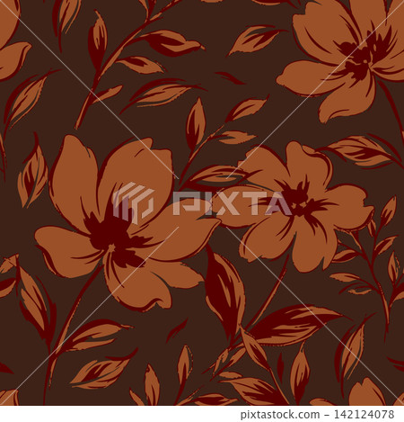 Seamless floral pattern with hand drawn brush stroke flowers and leaves in warm terracotta, brown, and rust tones for fabric, paper, or background. Seamless floral pattern with hand drawn brush stroke flowers and leaves in warm terracotta, brown, and rust tones for fabric, paper, or background. 142124078