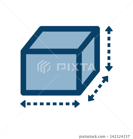A cube icon with an arrow representing the size of luggage or boxes. A cube icon with an arrow representing the size of luggage or boxes. 142124157