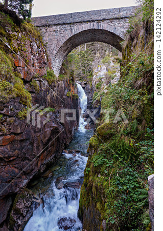 Pont d'Espagne Bridge in Cauterets, pine forest with mountain river, Pyrenees , France Pont d'Espagne Bridge in Cauterets, pine forest with mountain river, Pyrenees , France 142124292
