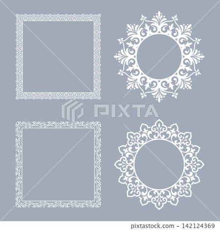 Set of decorative frames Elegant vector element for design in Eastern style, place for text. Floral gray and white frames. Lace illustration for invitations and greeting cards Set of decorative frames Elegant vector element for design in Eastern style, place for text. Floral gray and white frames. Lace illustration for invitations and greeting cards 142124369
