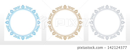 Set of decorative frames Elegant vector element for design in Eastern style, place for text. Floral colored frames. Lace illustration for invitations and greeting cards Set of decorative frames Elegant vector element for design in Eastern style, place for text. Floral colored frames. Lace illustration for invitations and greeting cards 142124377