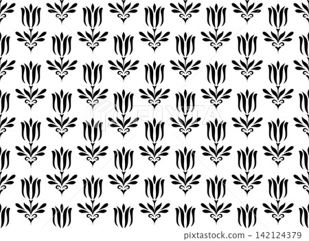 Flower geometric pattern. Seamless vector background. White and black ornament. Flower geometric pattern. Seamless vector background. White and black ornament. 142124379