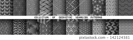 Geometric set of seamless black and gray patterns. Simple vector graphics Geometric set of seamless black and gray patterns. Simple vector graphics 142124381