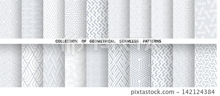 Geometric set of seamless gray and white patterns. Simple vector graphics Geometric set of seamless gray and white patterns. Simple vector graphics 142124384