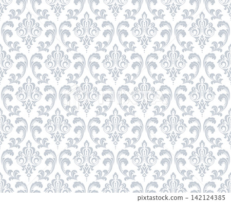 Wallpaper in the style of Baroque. White and gray floral ornament. Seamless vector background. Graphic pattern for fabric, wallpaper, packaging. Ornate Damask flower illustration Wallpaper in the style of Baroque. White and gray floral ornament. Seamless vector background. Graphic pattern for fabric, wallpaper, packaging. Ornate Damask flower illustration 142124385