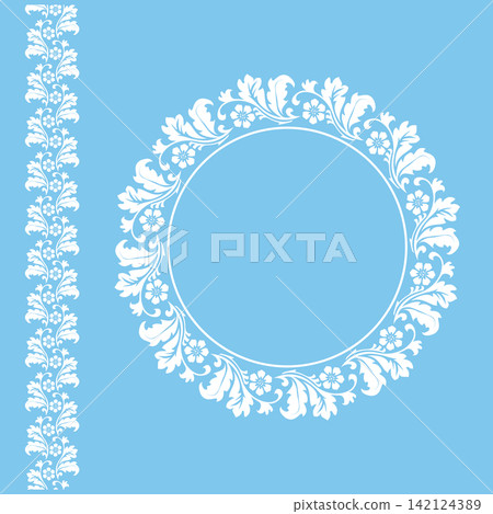 Decorative frame Elegant vector element for design in Eastern style, place for text. Floral blue and white frame. Lace illustration for invitations and greeting cards Decorative frame Elegant vector element for design in Eastern style, place for text. Floral blue and white frame. Lace illustration for invitations and greeting cards 142124389