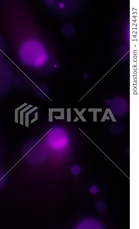 Abstract purple and magenta glowing bokeh lights floating against a dark black background with soft blur and atmospheric depth. 142124437