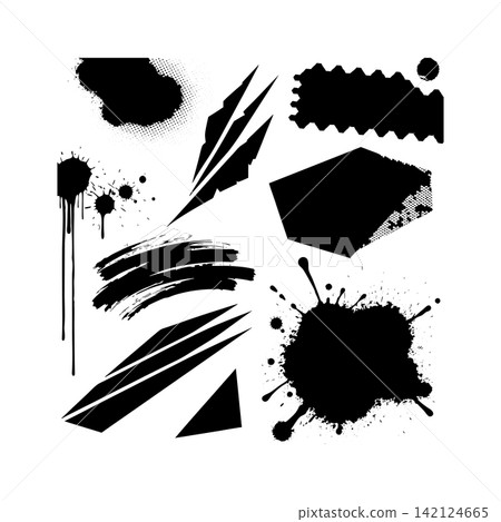 Black Brush Strokes, Spray Paint Splatters, Ink Drips, Halftone Dots, Hexagon Mesh, Geometric Shapes, Grunge Design Elements Collection Black Brush Strokes, Spray Paint Splatters, Ink Drips, Halftone Dots, Hexagon Mesh, Geometric Shapes, Grunge Design Elements Collection 142124665