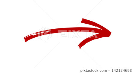 Red paint brush hand drawn arrow in grunge style with distressed stroke of paint Red paint brush hand drawn arrow in grunge style with distressed stroke of paint 142124698
