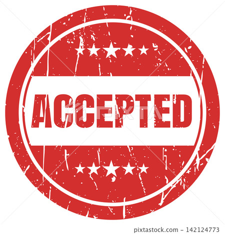 Accepted red circular stamp with five star icons and distressed texture for approval tag. Accepted red circular stamp with five star icons and distressed texture for approval tag. 142124773