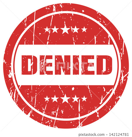 Circular denied rubber stamp design in red ink for rejection status and declined requests. 142124781
