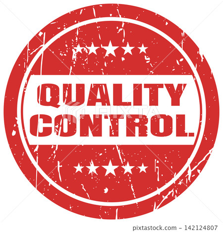 Red circular quality control stamp with stars and distressed texture for assurance. Red circular quality control stamp with stars and distressed texture for assurance. 142124807