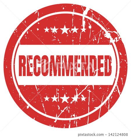 Red circular recommended stamp with stars and distressed texture for endorsement. Red circular recommended stamp with stars and distressed texture for endorsement. 142124808