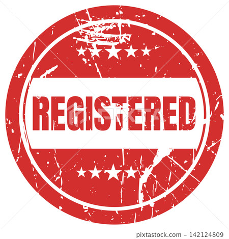 Red circular registered stamp with stars and distressed texture for official records. Red circular registered stamp with stars and distressed texture for official records. 142124809