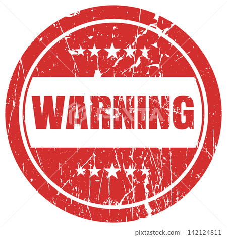 Red circular warning stamp with stars and distressed texture for urgent notifications. Red circular warning stamp with stars and distressed texture for urgent notifications. 142124811