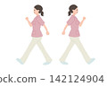 Full-body illustration of a nurse, facing left (set of two), walking pose, hand-drawn, simple. 142124904