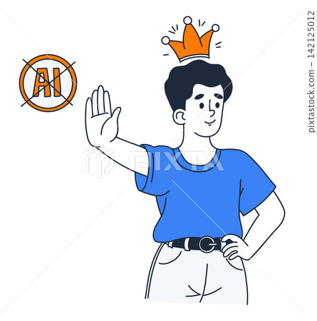 Confident Person Showing Stop Hand Gesture With Crossed AI Sign And Crown. Man Creator Intellectual Property No Artificial Intelligence. Anti AI Human Made Concept. Colored Doodle. Vector Illustration 142125012