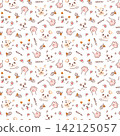 Seamless pattern with cats, pet food fish, paws, inscriptions. Vector illustration in doodle style, hand-drawn silhouettes. Contour print for textiles, packaging, and pet products. 142125057