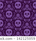 Seamless purple pattern for Day of the Dead with a decorative calavera sugar skull and floral ornament. Traditional mexican Halloween design, Dia De Los Muertos holiday party. Mexico festival 142125059
