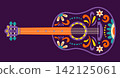 Decorated Mexican guitar with floral pattern inspired by Dia de los Muertos. Traditional Mexico festival symbolic for Death celebration. Mexican folk illustration of the calavera musical instrument. 142125061