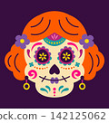 Calavera sugar skull With red hair. Mexican dia de los muertos day of the dead holiday skull. Female cranium with floral pattern. Traditional calaca sugar for Death celebration 142125062
