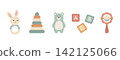 Baby set toys vector design elements. Pyramid, teddy bear, rattle, cubes, childhood items. Cute nursery accessories icons for celebration design, cards, invitations, birthday, childrens party. 142125066