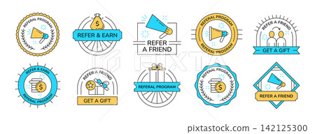 Refer a friend badges, employee referral program stickers or marketing design labels Refer a friend badges, employee referral program stickers or marketing design labels 142125300