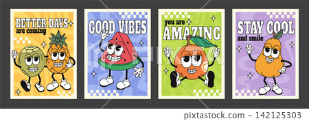 Set of posters with cartoon groovy fruits with expressive faces and slogans in retro style Set of posters with cartoon groovy fruits with expressive faces and slogans in retro style 142125303