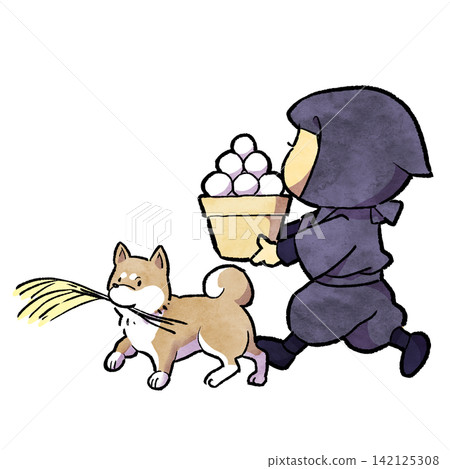 A ninja carrying moon-viewing dumplings as a token of gratitude for the autumn harvest on the night of the Mid-Autumn Festival (the 15th night of the lunar month), and a Shiba Inu dog with a pampas grass in its mouth. 142125308