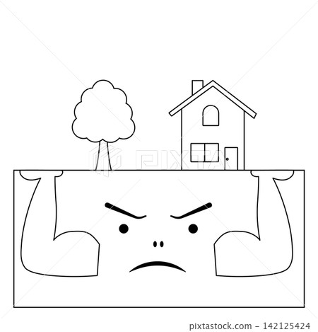 A line drawing of a character representing a sturdy foundation that powerfully supports a house and trees. A line drawing of a character representing a sturdy foundation that powerfully supports a house and trees. 142125424