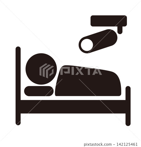 Pictogram illustration of an elderly person sleeping in bed and a monitoring camera. Pictogram illustration of an elderly person sleeping in bed and a monitoring camera. 142125461