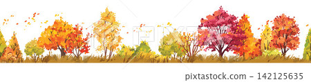 Autumn seamless landscape, hand drawn fall tree repeat background, seasonal forest horizontal view. Autumn seamless landscape, hand drawn fall tree repeat background, seasonal forest horizontal view. 142125635